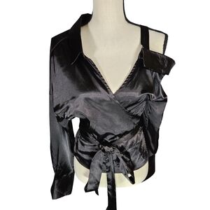 Hers & Mine Satin Wrap Asymmetrical Long Sleeve Top, Black, Large